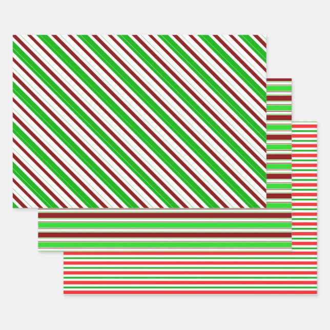 Green, White, Red Coloured Christmas-Themed Lines Wrapping Paper Sheet (Set)