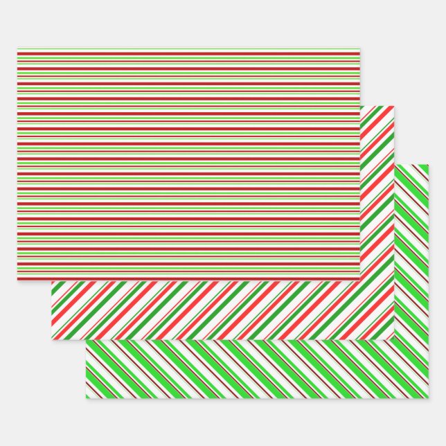 Green, White, Red Coloured Christmas-Themed Lines Wrapping Paper Sheet (Set)