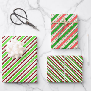 Green, White, Red Coloured Christmas-Themed Lines Wrapping Paper Sheet