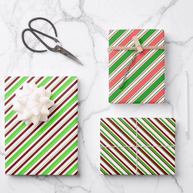 Green, White, Red Coloured Christmas-Themed Lines Wrapping Paper Sheet (Front)