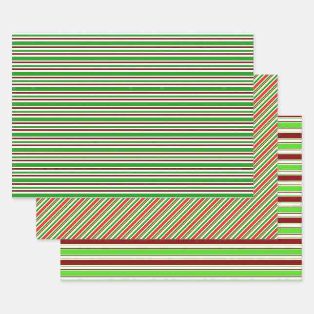 Green, White, Red Coloured Christmas Themed Lines Wrapping Paper Sheet (Set)