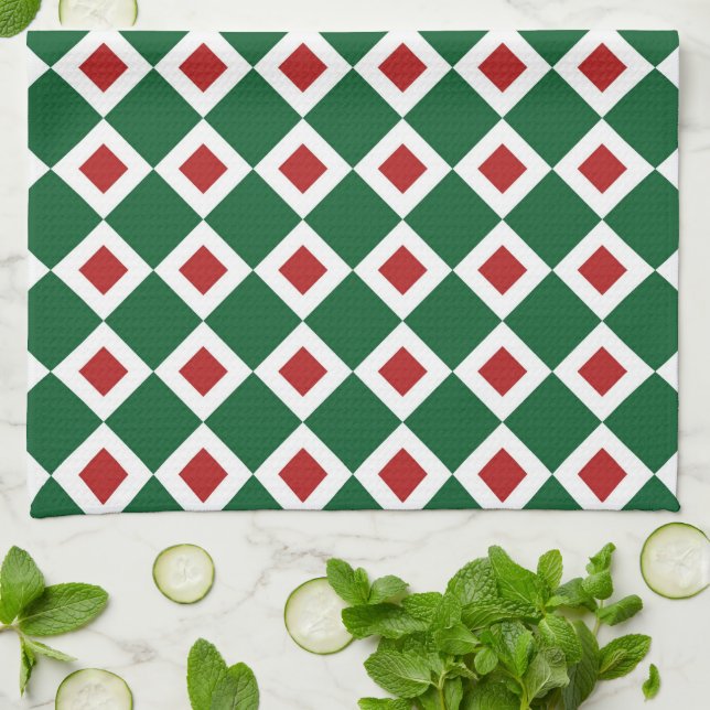 Green, White, Red Diamond Pattern Tea Towel (Folded)