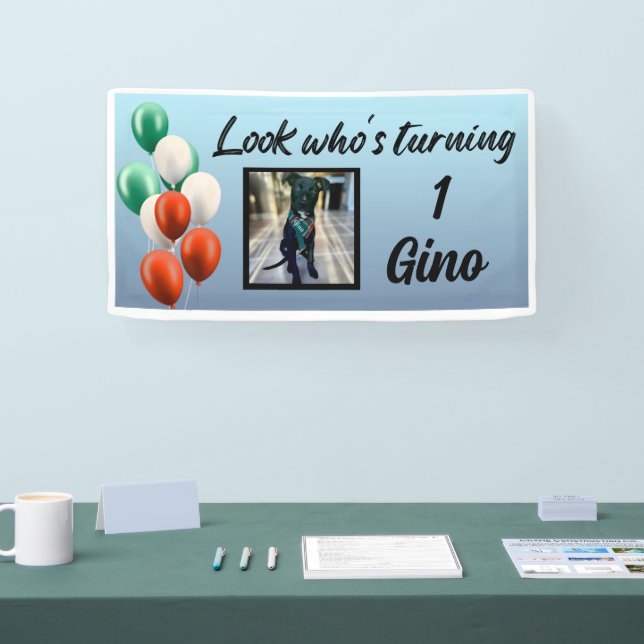 Green white red Ital balloons look who’s turning Banner (Tradeshow)