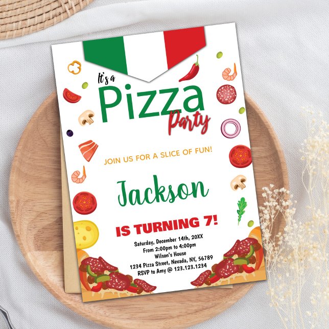 Green White Red Pizza Birthday Invitations (Green White Red Pizza Birthday Invitations)
