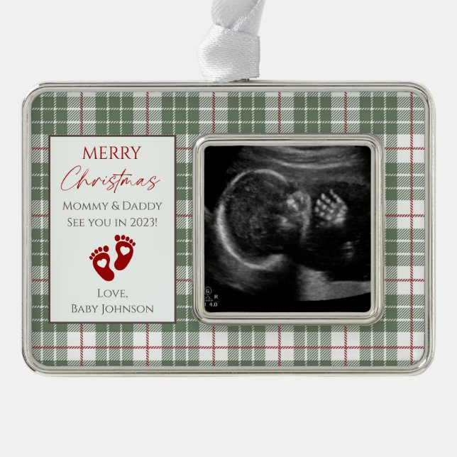 Green, White & Red Plaid New Baby Ultrasound Photo Silver Plated Framed Ornament (Front)