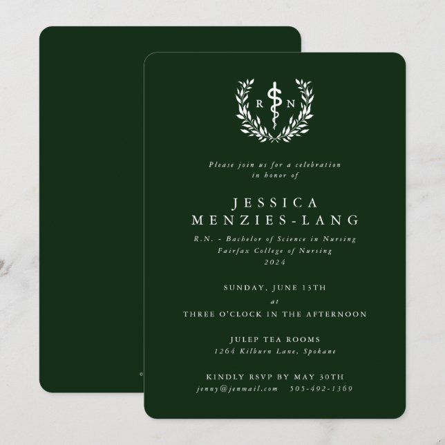 Green/White Registered Nurse Asclepius Graduation Invitation (Front/Back)