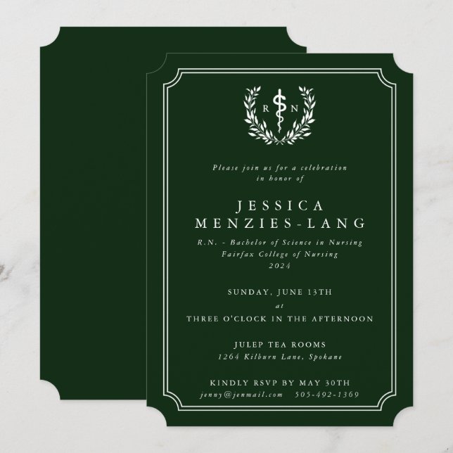 Green/White Registered Nurse Asclepius Graduation Invitation (Front/Back)