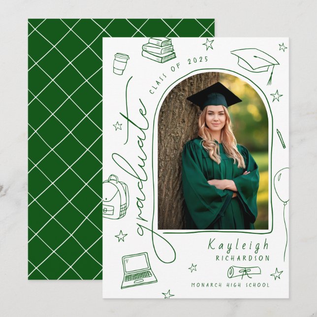 Green White Retro Photo Graduation Announcement (Front/Back)