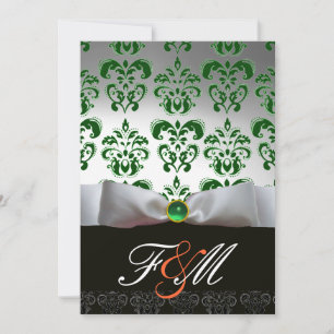 GREEN WHITE RIBBON & BLACK DAMASK MONOGRAM Orange Invitation