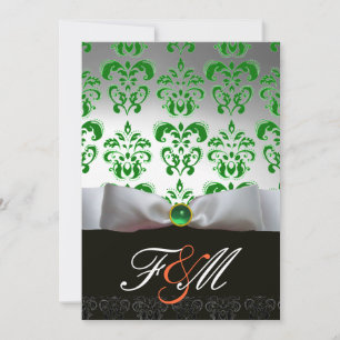 GREEN WHITE RIBBON & BLACK DAMASK MONOGRAM Orange Invitation