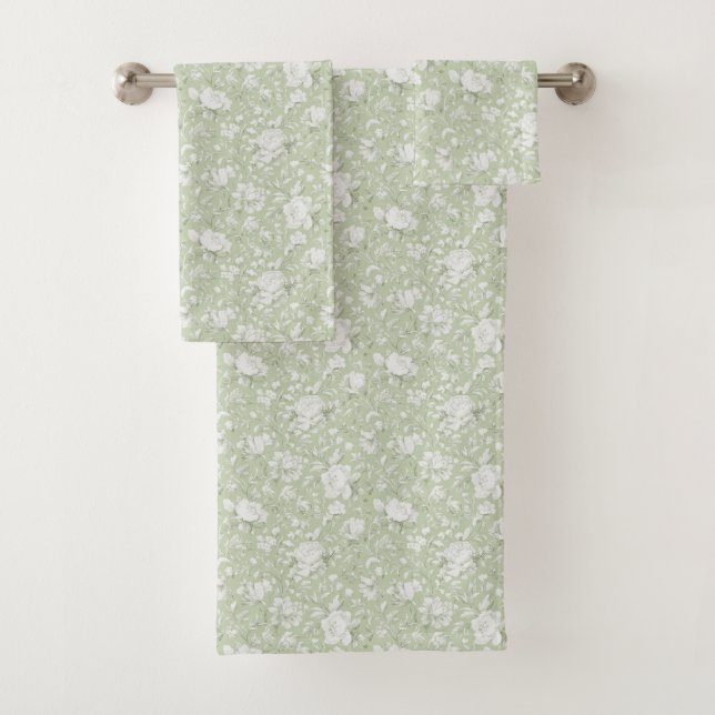 Green White Romantic Floral   Bath Towel Set (Insitu)