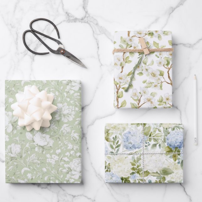 Green White Romantic Floral Bridal Shower Wrapping Paper Sheet (Front)