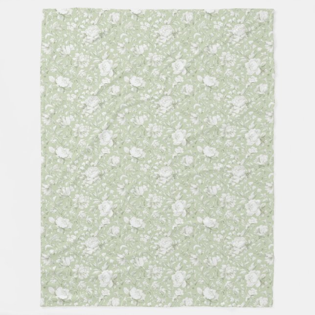 Green White Romantic Floral   Fleece Blanket (Front)