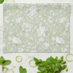 Green White Romantic Floral Tea Towel