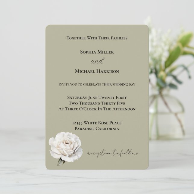 Green White Rose Flower Wedding Invitation (Standing Front)
