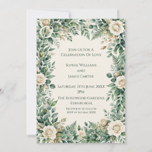 Green White Rose Wedding Invitation