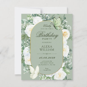 Green White roses floral birthday Invitation