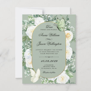 Green White roses floral wedding Invitation