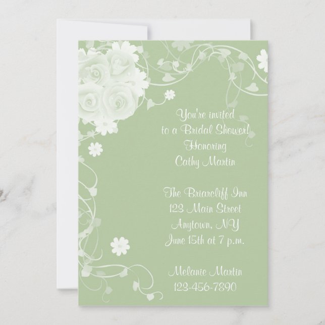 Green White Roses Invitation (Front)