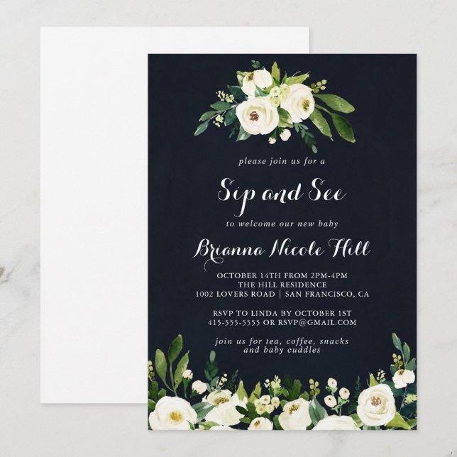 Green White Royal Blue Floral Sip and See  Invitation (Front/Back)