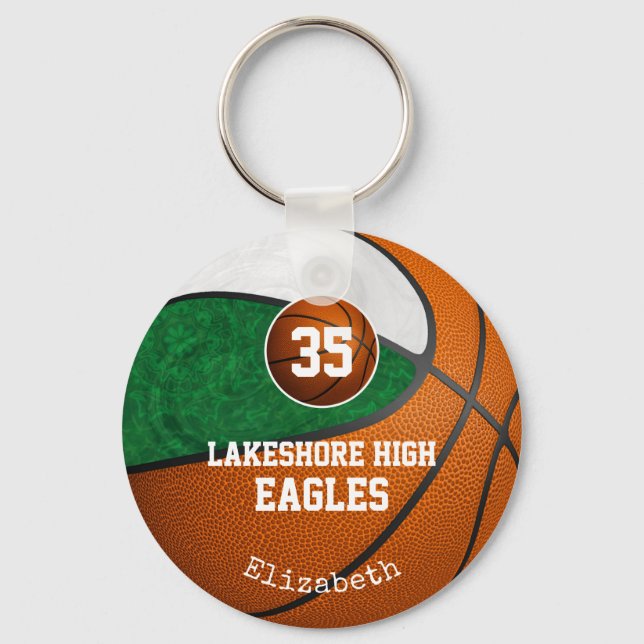 green white school team colours girls' basketball key ring (Front)
