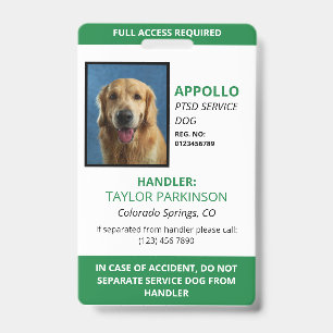 Green White Service Dog Photo ID Badge