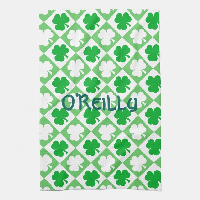 Green & White Shamrocks Name Irish Bar & Kitchen Tea Towel (Vertical)