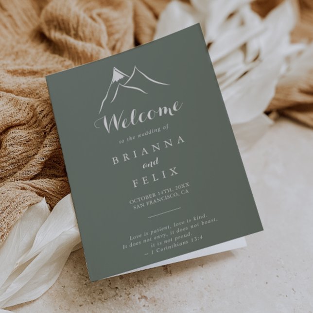 Green White Silhouette Mountain Folded Wedding Programme (Creator Uploaded)