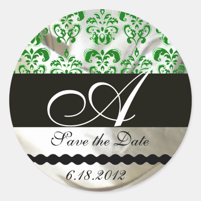 GREEN & WHITE SILK DAMASK CLOTH MONOGRAM CLASSIC ROUND STICKER (Front)