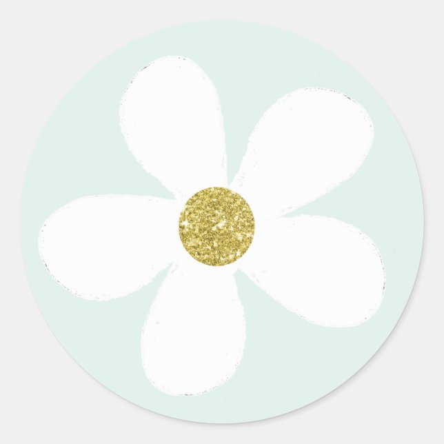 Green White Simple Daisy Gold Classic Round Sticker (Front)