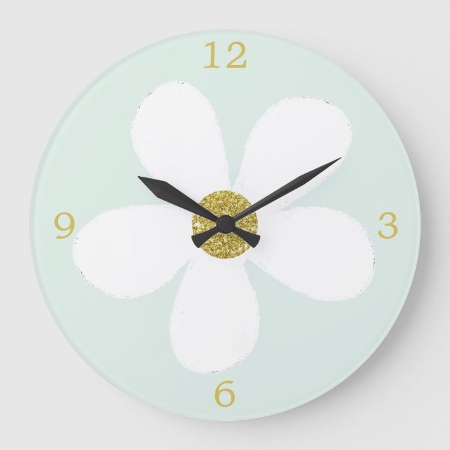 Green White Simple Daisy Gold Large Clock (Front)