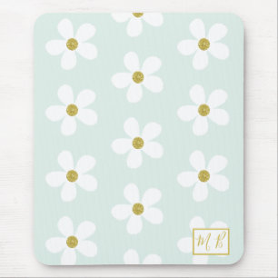 Green White Simple Daisy Gold Monogram Mouse Mat