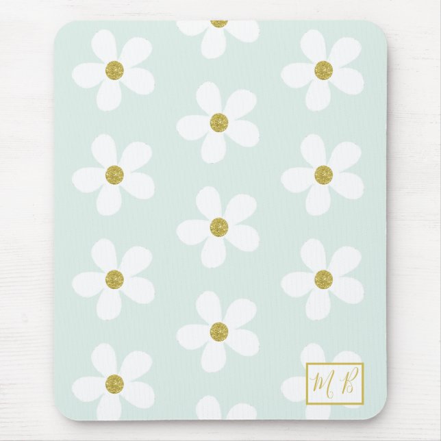 Green White Simple Daisy Gold Monogram Mouse Mat (Front)