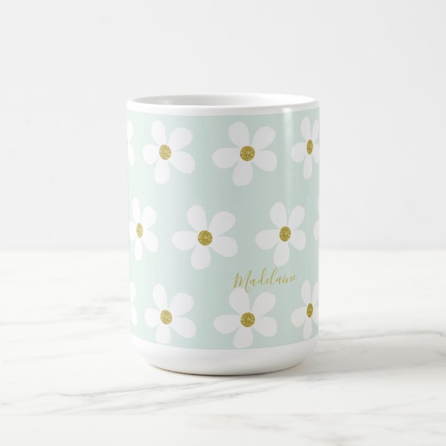 Green White Simple Daisy Gold Personal Coffee Mug (Center)