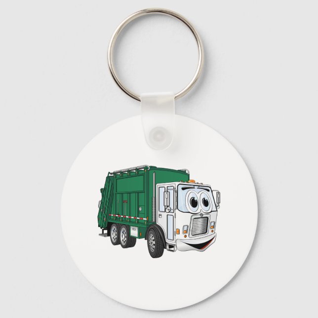 Green White Smiling Garbage Truck Cartoon Key Ring (Front)