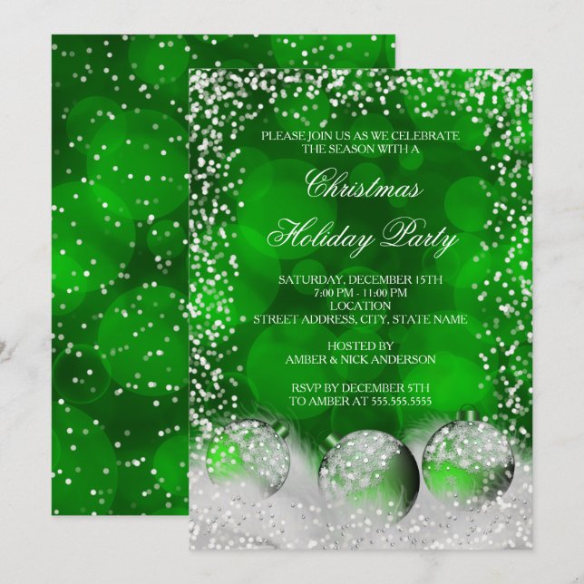Green White Snow Bauble Christmas Holiday Party Invitation (Front/Back)