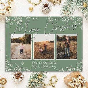 Green White Snowflake Script Type Christmas Photo  Holiday Card