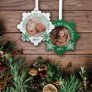 Green White Snowflakes Baby's 1st Christmas Tree Decoration Card
