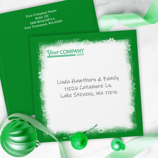 Green White Snowflakes Company Logo Pre-Addressed Envelope (green company holiday Christmas card envelopes, green business logo, custom address printed on back)