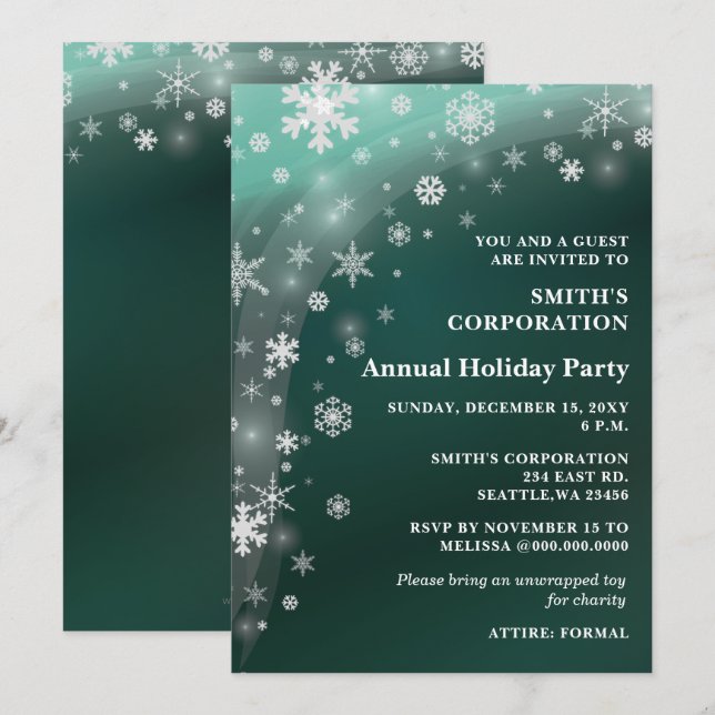 Green White Snowflakes Corporate Holiday Party  Invitation (Front/Back)