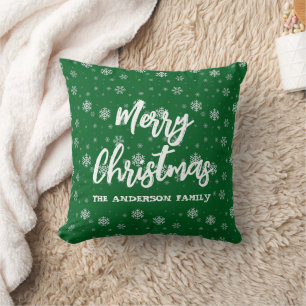 Green White Snowflakes Cute Retro Family Christmas Cushion