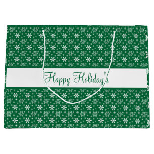 Green White Snowflakes Happy Holidays Festive Large Gift Bag