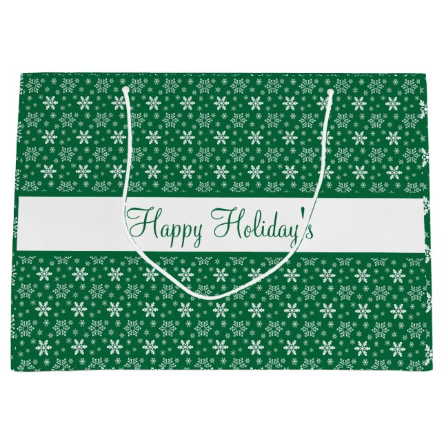 Green White Snowflakes Happy Holidays Festive Large Gift Bag (Front)