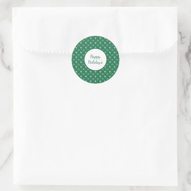 Green White Snowflakes Holidays Christmas  Classic Round Sticker (Bag)