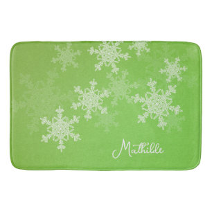 Green White Snowflakes Minimalist Christmas Name Bath Mat