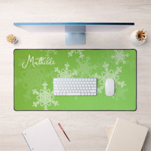 Green White Snowflakes Minimalist Christmas Name Desk Mat