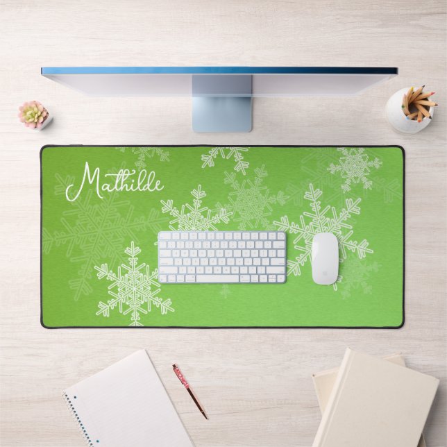 Green White Snowflakes Minimalist Christmas Name Desk Mat (Office 1)