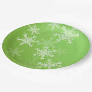 Green White Snowflakes Minimalist Christmas Name Paper Plate