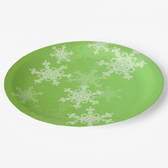 Green White Snowflakes Minimalist Christmas Name Paper Plate (Angled)
