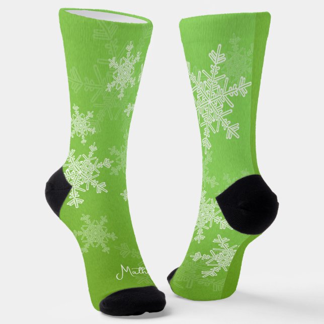 Green White Snowflakes Minimalist Christmas Name Socks (Angled)